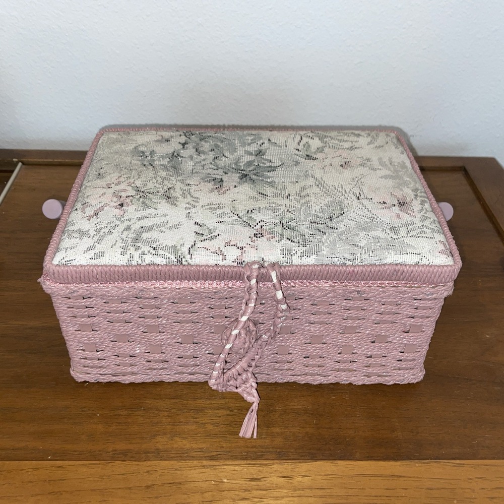 Small Sewing Basket Floral Fabric 12"X10" Pink Wicker Trim Satin Lined Granny